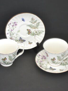 Gracie China Cups and Saucers Nature Theme Flower Butterfly Motif Set of 2